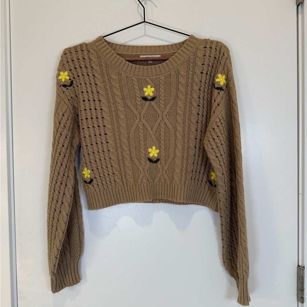 Love Tree Brown Cropped Cable Knit Sweater with Yellow Floral Accents